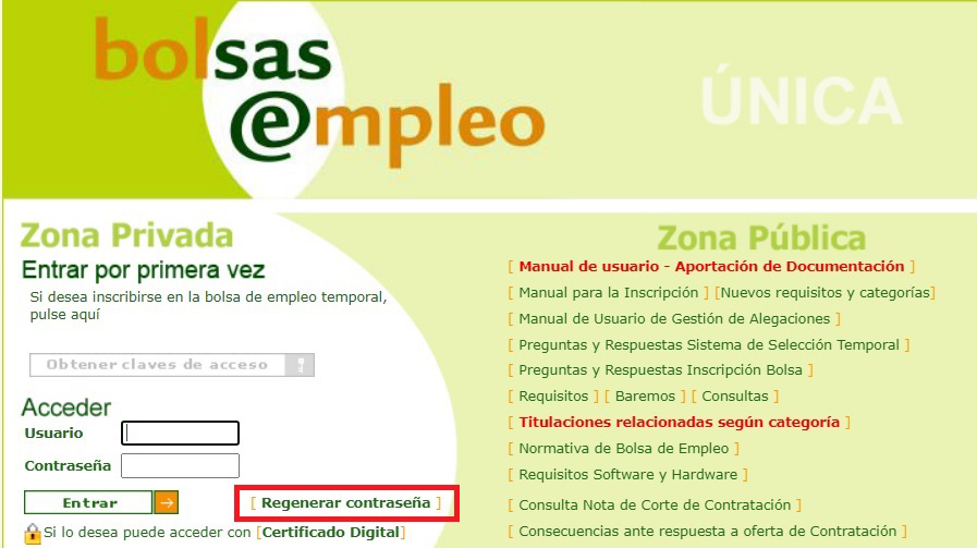 Pantalla de inicio de la Bolsa de Empleo del SAS